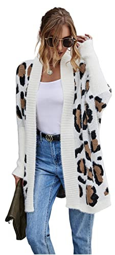 HEYPORK Damen Herbst Winter Warm Bequem Jacke Casual Mode übergangsjacke Mantel Frauen Strickjacke Jacke Persönlichkeit Mode Leopardenmuster Gestrickt Pullover(Weiß, M)