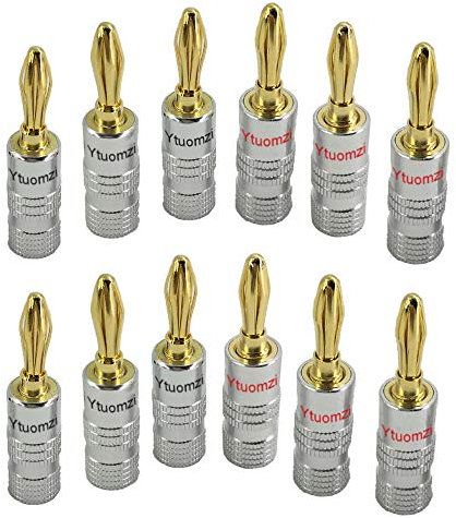 Ytuomzi Banana Plugs 6 Pairs / 12 pcs, 24k Gold Plated Dual Screw Lock Speaker Connector for Speaker Wire, Home Theater, Wall Plates (Red+Black)