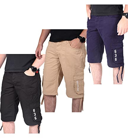 True Face Mens Shorts Cargo Pockets Denim Combat Chino Button Up Flat Front Army Workwear Knee Length Straight Leg Casual Summer Work Half Pants Bottom Set B - 3 Pack 36