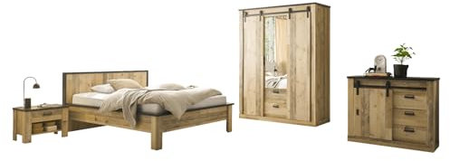 Furn.Design Schlafzimmer Set in Used Wood hell und grau/anthrazit mit Bett 140 x 200 cm, Kleiderschrank, 2 x Nachttisch und Kommode Schlafzimmermöbel Kombination komplett 5-teilig Stove (Set 4)