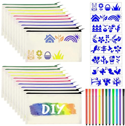 DOWNDRIFT 20 Stück Mäppchen zum Bemalen Schlamppermäppchen DIY Federmäppchen Beutel Zum Bemalen für Kinder Mit 12 Farbigen Stiften und 8 Zeichenvorlagen für Aufbewahrung, Schule, Arbeit, Reisen