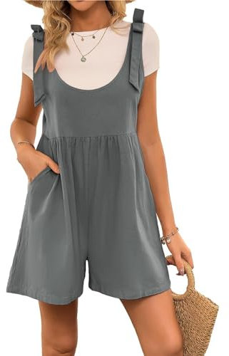 Kate Kasin Damen Sommerlicher Kurzer Jumpsuit Overall Baumwolle und Leinen Gerippter Hosenanzug Strampler Grau Blau L