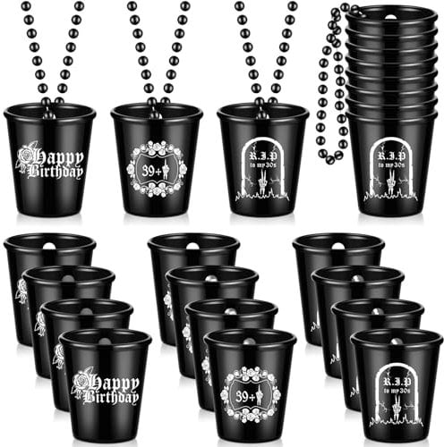 Sasylvia 12 Pcs Rip 30s Shot Glass Necklace on Beaded Dirty Plastic Shot Necklace Cup Rip to My Birthday Decorations Black Plastic Tumbler Cups Funny Birthday Gag Gifts for Him Her Twenties
