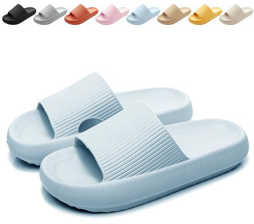 BHFRGAS Sliders Cloud Slippers Women Men，Non-Slip Mens Womens Slippers Cloud Sliders，Soft Flip Flops with Thick Sole for Shower Bathroom Pool Beach，Blue, 5-5.5 UK