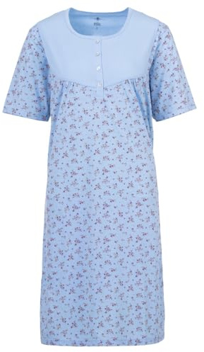 Zeitlos Nachthemd Damen Kurzarm Zweigen Blüten Knöpfe M-6XL Knopfleiste Schlafshirt, Farbe:blau, Größe:L