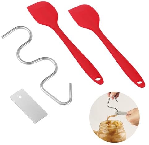 Peanut Butter Stirrer, Stainless Steel Peanut Butter Mixer Tool for 16-26oz Jars with Scraper & 2pcs Silicone Jar Spatula Nut Butter Mixer Manual Butter Churner for Mixing Various Butter Jam