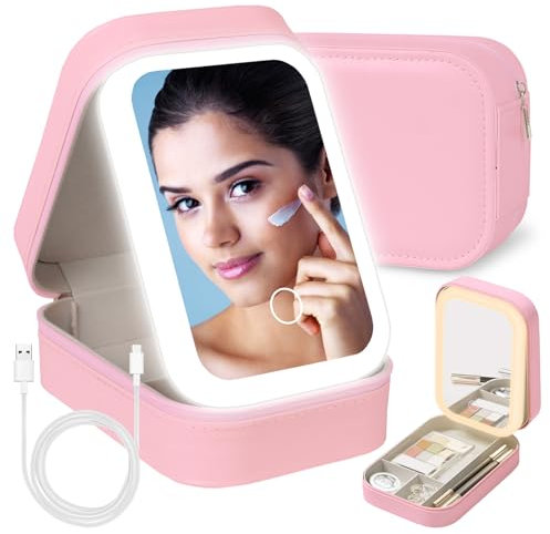 Kosmetiktasche mit Beleuchtetem Spiegel, Schminktasche Make up Tasche mit Spiegel-3 Farben LED Licht, Reise Kosmetikkoffer Organizer, Tragbare Schminkkoffer Make-up Etui mit Trennwänden (Rosa)