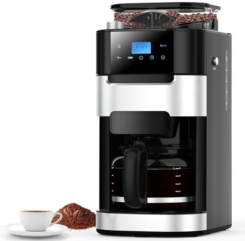 Joy Pebble - 10 Cup Drip Coffee Maker with Built-in Grinder, Programmable with Timer, 8 Grinding Settings, Reusable Filter, Black