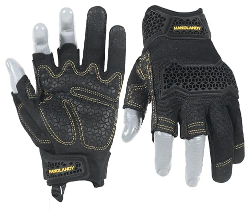 HANDLANDY Fingerless Work Gloves, Mens Working Gloves, Smoky Black, L | Half-Finger Padded Heavy Duty Fingerless Safety Working Gloves for Men, for Mechanic, Construction, Carpentry, Tool Handling