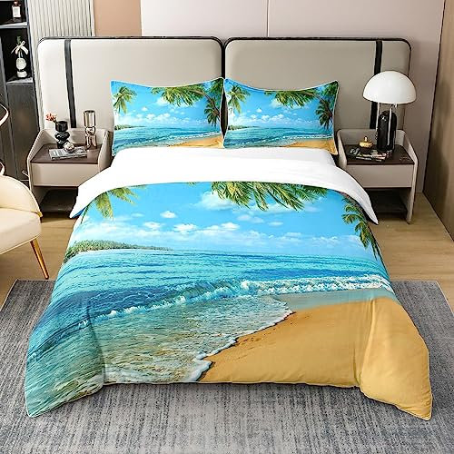 Loussiesd Ozean Strand Themed 100% Baumwolle Bettwäsche Set 135x200cm Tropische Palme Bettbezug Set für Kinder Jungenliche Frauen Mädchen Blaues Meer Betten Set Hawaiian Sommer Bettwäsche