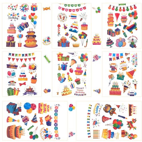 Sticker Geburtstag (210 Motive), 16 Bögen Aufkleber für Gästebuch & Fotoalbum, Selbstklebende Geburtstagssticker für Erwachsene & Kinder