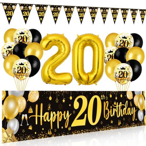 20 Geburtstag Deko Mann Frau, 20 Happy Birthday Banner Schwarz Gold, Luftballons 20 Geburtstag Wimpel Girlande, Deko 20. Geburtstag Hintergrund Ballons Schwarz Gold für Männer Frauen Party Deko