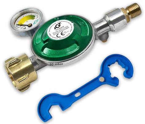Bluecraft Gasregler 50 mbar mit 360°-Manometer | Gas Füllstandsanzeige | Propangas Druckminderer | Druckregler Camping Propan Butan | mit 2 in 1 Gasregler Schlüssel