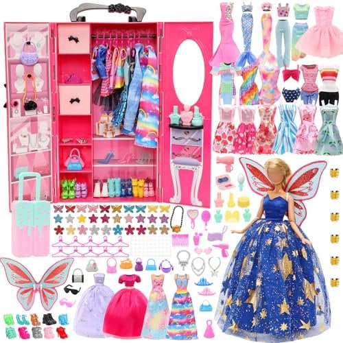 Miunana 101 pcs Wardrobe Closet Doll Clothes Accessories Suitcase Mermaid Swimsuits Dresses Shoes Hanger Crown Necklace Doll Accessories for 11.5 Inch Girl Dolls Toys Gifts for Girls