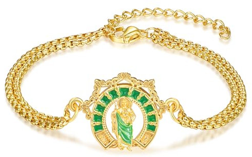 KATHLU St Jude Armband 925 Sterling Silber Saint Jude Armband für Frauen Männer Hufeisen Form Saint Armband katholischen religiösen Schmuck Geschenke-Grün & Gold