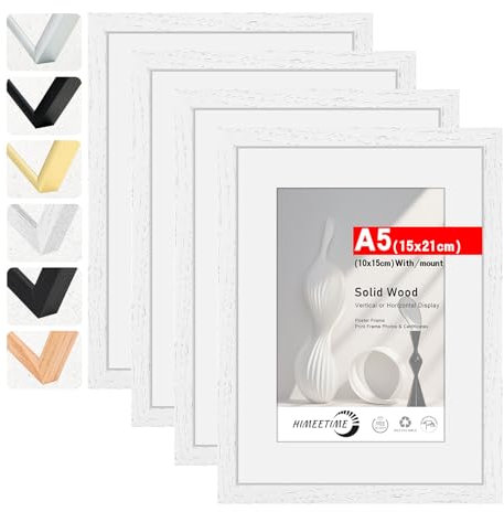 HIMEETIME® 4x Bilderrahmen DIN A5 14,8x21 cm Weiss Holz Fotorahmen aus Massivholz,Rahmen,Bild mit Passepartout Display 10x15cm,für Wandbehänge oder Tischdekoration