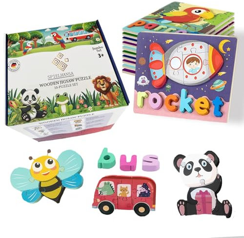 SPIELHANSA® 2 IN 1SET of 10 Toddler Puzzles with English Spelling Exercises, Wooden Puzzles of Animals, Birds, Vehicles, Rocket for Ages 3+ Playful Learning, Educational Gift, Suitable for Kita