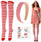 BOFUNX Karneval Rot Weiß Kostüm Accessoires, Haarreif Rot Weiß Gestreift + Kniestrümpfe Rot Weiß Gestreift + Gesichtstattoos Alaaf für Fasching Karneval Mottoparty