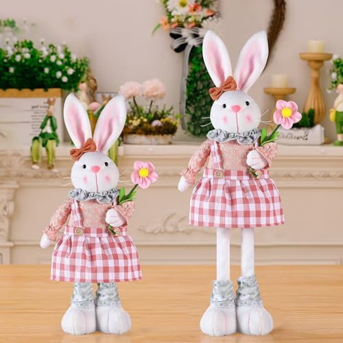Nexoria Osterdeko Osterhasen Puppen, Osterhase Plüschpuppe mit Stretch Beinen Ostern Deko Hase Plüsch Kaninchen Osterdeko Tisch Osterhasen Figur Frühlingsdeko für Zuhause Wohnzimmer (D)