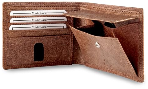 Fa.Volmer ® Vegane Geldbörse Herren aus Kokosleder mit Baumwollfutter – plastikfrei – RFID-Schutz, 6 Kartenfächer, 1 Münzfach – inkl. Geschenkbox | Modell: Jakarta (rehbraun)