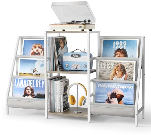 Bikoney Vinyl Record Player Stand with Storage – Turntable Table Cabinet Holds Up to 350 Albums, Media Console with CD Rack for Vinyl, Stereo & Turntable Setup (White)