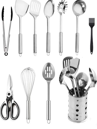 Stainless Steel Kitchen Utensils Set 11 Pieces Premium Nonstick & Heat Resistant Gadgets, Kitchen Utensils Set - Non-Stick Heat Resistant Cooking Utensils Set - Spoons Turners Spatula Ladle Set