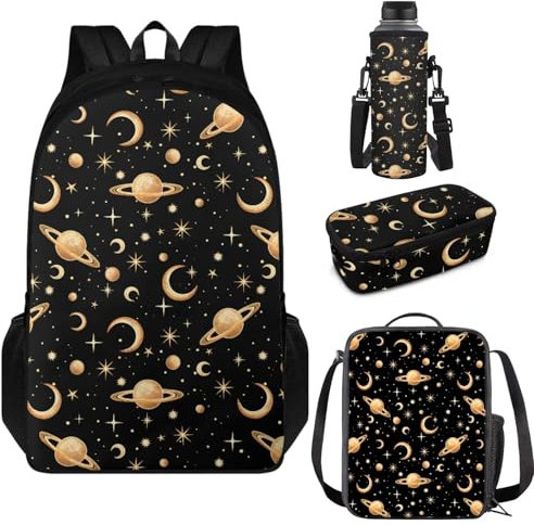 Aplkyhs Sac à dos pour filles et garçons, cartable et sac à déjeuner avec trousse à crayons, porte-bouteille d'eau, Soleil Lune Planète, taille unique