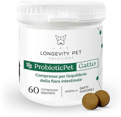 Fermenti Lattici ProbioticPet Gatto 60 CPR | Probiotici per l'Equilibrio Intestinale | Integratori per Gatti per Digestione, Feci Poco Formate, Salute Intestinale | Longevity Pet