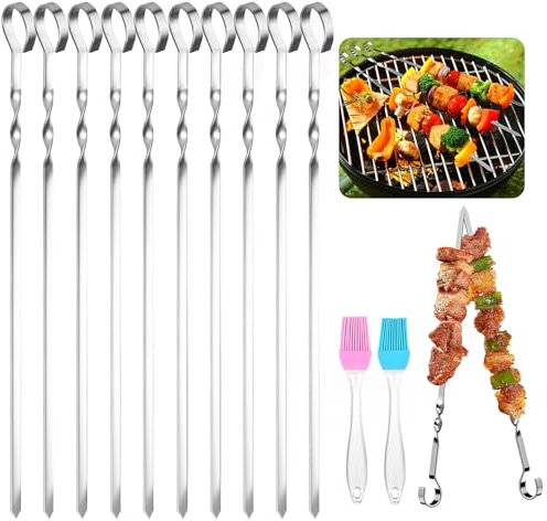 Grillspieße, 20 Stück Grillspieße Edelstahl + 2 Bürsten, 30cm Kebab Spieße Wiederverwendbare Grill Kabob, Schaschlikspieße für Lagerfeuer Oder Grillschale