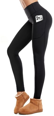 CAMBIVO Women's Thermal Fleece Lined Leggings, High Waisted Tummy Control Pockets, Warm Winter Yoga Pants for Running, Hiking, Lounge Black
