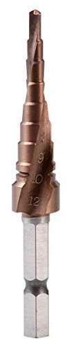 HOHXEN Spiralgenuteter Stufenbohrer [3-12mm, 9 Stufen], Schnellarbeitsstahl Co M35 Titanbeschichtet, 1/4'' Sechskantschaft, Bohren für Edelstahl Hartmetall Kunststoff Holz Gusseisen Kupfer Aluminium