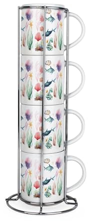 Purely Home Sealife Stacking Mugs Set - Aquatic Ocean Creatures Set of 4 Small Ceramic Mugs Gift Set with Metal Stand