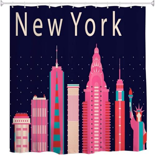 Latwerio Duschvorhang New York 3D Duschvorhang Antischimmel 120 x 180 cm Karikatur Badezimmer Vorhang Wasserdicht Duschvorhänge Waschbar Bad Vorhäng für Badewanne mit 8 Haken W3644