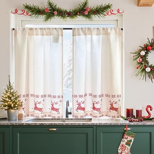 Vangao Scheibengardinen Weihnachten Bistrogardine 2er Set 75Hx65Bcm Rot | Boho Vintage Weihnachtsgardine Lichtdurchlässig Leinenoptik, Küche Fenster Kinderzimmer, Strickoptik-Druck mit Rentier-Motiv