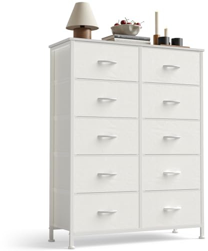 Sweetcrispy White Dresser for Bedroom, 10 Drawer Tall Dresser, Fabric Storage Tower with Bins, Chest Organizer Unit for Bedroom Closet, Hallway, Steel Frame Wood Top, Easy Pull Handle