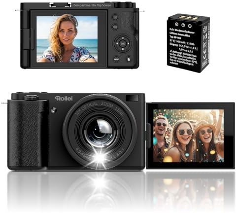 Rollei 64MP 4K Digitalkamera Compactline 10X Flip Screen 10X Optischer Zoom | Fotokamera mit 180° Dreh- & Schwenkbares 2,88 Display für Selfie Vlogging Fotoapparat Tragbar für Teens Anfänger Schwarz