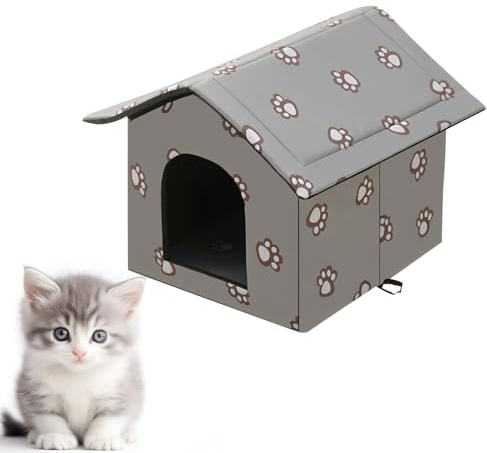 Katzenhaus für Draußen Winterfest und Wasserdicht, Faltbare Outdoor Katzenhöhle mit Abnehmbarem Kissen, Wetterfestes Tierheim für Streuner und Haustiere, Waschbar und Isoliert (Graue Katzenpfote, M)