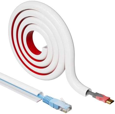 3-Meters White Cable Trunking - 14 x 10mm Flexible PVC Cable Conduit for 1 Cord, Self Adhesive Wire Hider for Wall & Floor, D-shape Wire Covers TV Cable Raceway