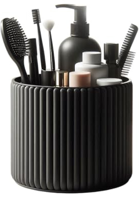 Modern Black Ribbed Makeup Brush CombToiletries Holder, Round Organizer for the Bathroom or Bedroom Matte Finish, 16 x 16 x 13 cm