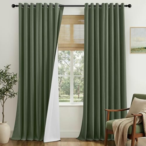 Extra Long Blackout Curtains 120 Inch Drop 2 Panels for Large Window | Doorway Thermal Insulated Blocking UV Rays Soundproof Faux Linen Eyelet Curtains with Coating Back Olive Green, 52W x 120L