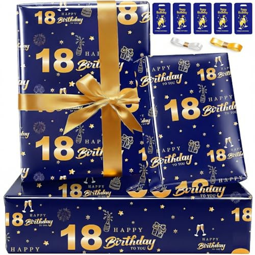 Geschenkpapier 18. Geburtstag,Blau Gold Geburtstagsgeschenk Papier,Geburtstagspapier Luxus Geschenkverpackung Geburtstag junge Sohn Bruder,Einpackpapier Geschenk Papier Geburtstag wrapping paper Set