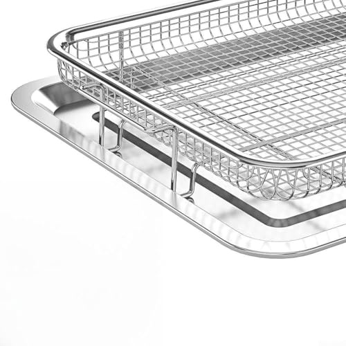 Drivstraw Cestello per friggitrice ad aria in acciaio inox per forno, 40 x 30 x 5,5 cm, vassoio da cottura a fondo piatto con 30 fogli di carta da forno – Lavabile in lavastoviglie, per uso alimentare