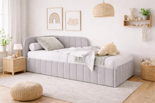 MOEBELPAKET.de Bett Mario 100x200 cm, Metallrahmen, Oeko-Tex, Grau, Links | Betten Mario, Polsterbett, Jugendbett mit Bettkasten, Eleganter Riviera-Stoff