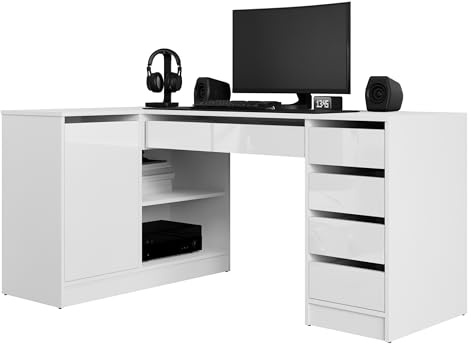 Mirjan24 Eckschreibtisch Ada, 5 Schubladen, Schrank und 2 offenen Fächern, Schülerschreibtisch Computertisch Kinderschreibtisch Arbeitstisch Jugendzimmer (Weiß/Weiß Hochglanz)