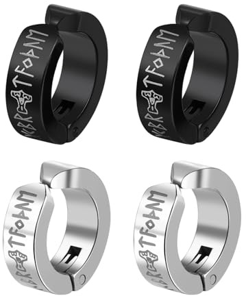 Flongo Viking Men's Clip-On Earrings - Stainless Steel Thor Hammer Rune Clip On Huggie Earrings - Nordic Symbolism Jewellery Without Piercing Protection Amulet Style