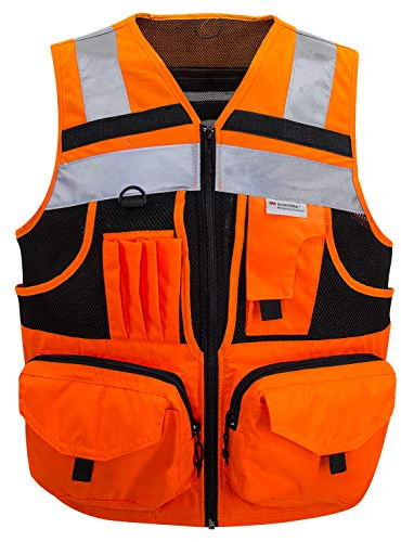 3M Reflective stripes Safety Vest Hi-vis Orange knitted Vest with 10 pockets Bright Construction Workwear for men and women. (Medium)