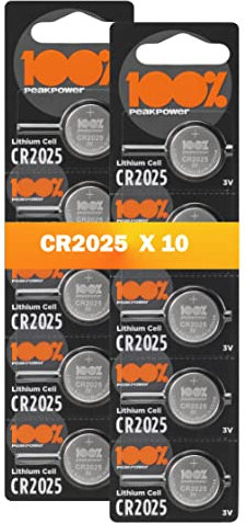 100% PeakPower CR2025 Battery – 10 PCS 3V Lithium Battery for Car Keys - CR2025 Coin Cell Batteries for Keyfob’s, Head Torches, Remotes, Scales, Led lights, Dog collars - 10 Year Shelf Life
