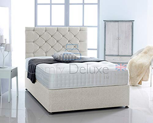Chenille Fabric Divan Bed with Memory Foam Spring Mattress and Headboard (Cream, 4FT6-0 Drawer)