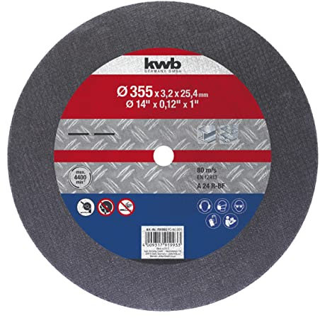kwb Disco da taglio in metallo, 355 mm, spessore 3,2 mm, per seghe da taglio, tagliatrici e taglierini, con rinforzo in fibra di vetro, legato in resina, foro 25,4 mm