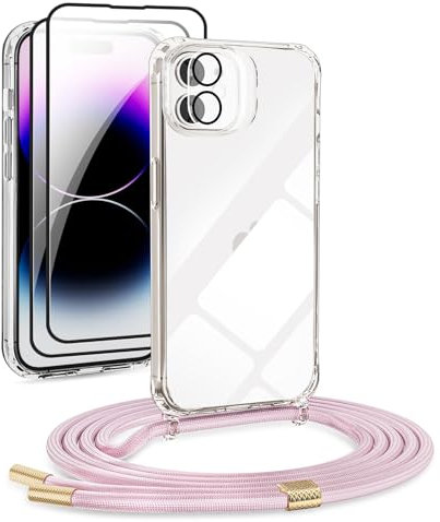 Mobile Phone Chain Set for iPhone 11 Case with Strap + Transparent Protective Case + 2 Screen Protectors + Camera Protection Glass, Stylish Necklace Mobile Phone Case Hanging Cord Case (Rose Gold)